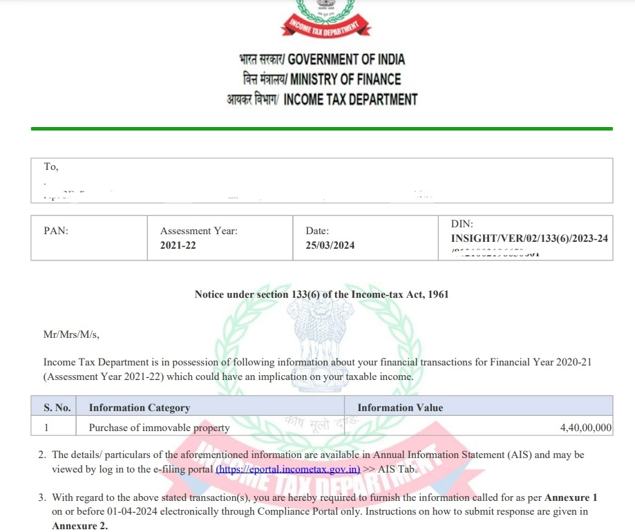 Income Tax Notice 1 Income Tax Notice under section 133
