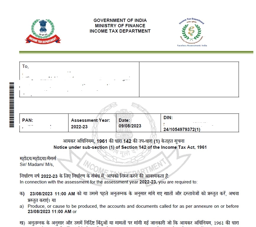 Income Tax Notice 2 Income Tax Notice under section 142